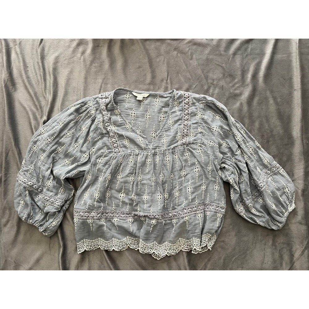 American Eagle Blue Eyelet Embroidery Boho Peasant Blouse Top XS